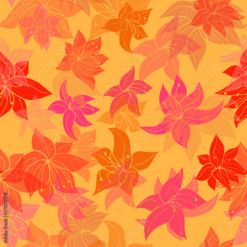Beautiful seamlessly repeating pattern of fire flowers in flight, on golden orange background - Vector. Suitable for use in crafting, material, textures, wallpaper, backdrops etc. 