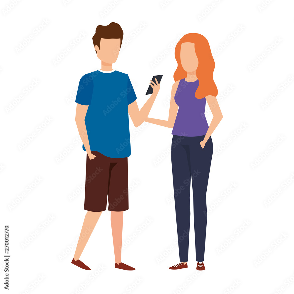 young couple using smartphone characters young couple using smartphone characters