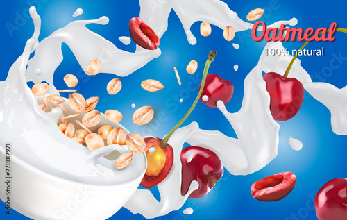 Oatmeal with milk and sweet cherries. Vector realistic illustration.