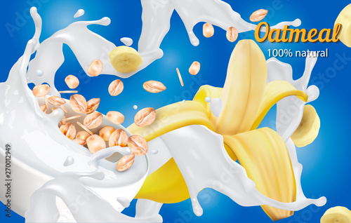 Oatmeal with milk and banana slices. Vector realistic illustration.