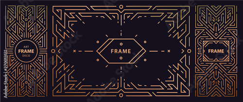 Vector set of art deco frames, adges, abstract geometric design templates for luxury products. Linear ornament compositions, vintage. Use for packaging, branding, decoration