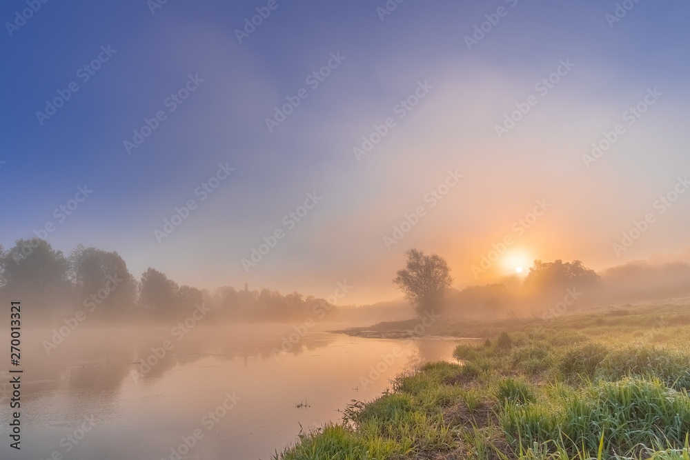 Colorful view of the river shrouded in mist creeping over the water. Orange sun slowly rising from the forest. Dawn cool morning. Grass with drops of dew and mist above the water like a haze.
