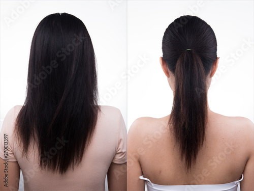 Asian Woman before after applying hair do style. no retouch, fresh face, back side view. Studio lighting white background, for aesthetics therapy treatment