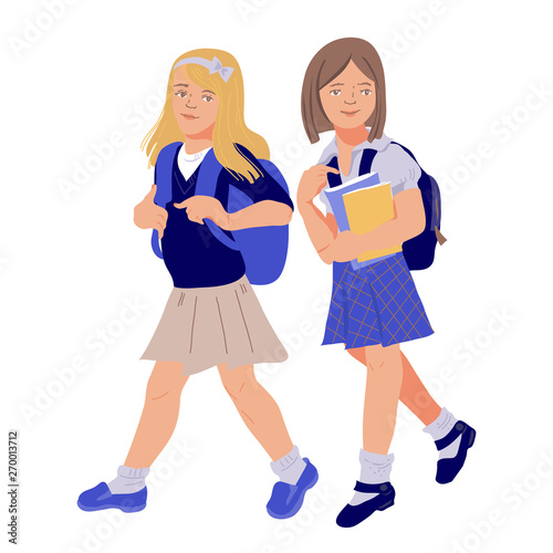 Two little school girls or pupils in the school uniform going to school flat vector illustration isolated on white background. Back to school autumn season concept. 
