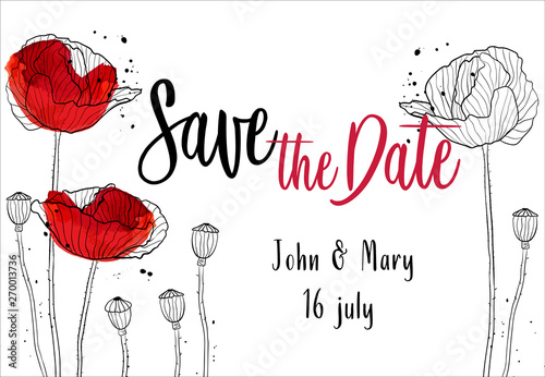 Save the date design template with poppies black and red on white vector illustration