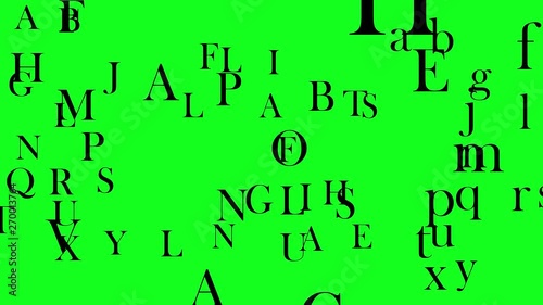 Flying letters or alphabets of English language on green background. Flying letters concept of the end of writings in scriptures or books