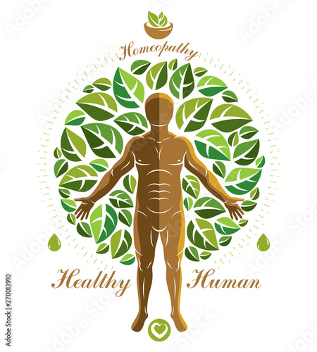 Vector graphic illustration of strong male composed with green tree leaves and mortar and pestle. Raw food diet concept, no gm theme.