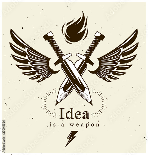 Idea is a weapon concept, weapon of a designer or artist allegory shown as two crossed swords with pencils instead of blades and wings, creative power, vector logo or icon.