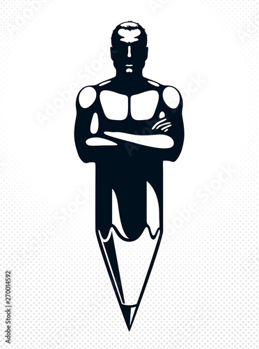 Strongman muscle man combined with pencil into a symbol, strong design concept, creative power allegory, vector perfect classic style logo or icon.
