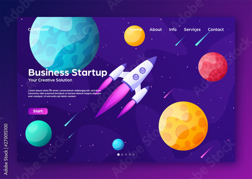 Space futuristic modern colorful background with rocket. Starship, spaceship in night sky. Solar system, galaxy and universe exploration. Vector illustration.