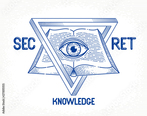 Secret knowledge vintage open book with all seeing eye of god in sacred geometry triangle, insight and enlightenment, masonry or illuminati symbol, vector logo or emblem design element.