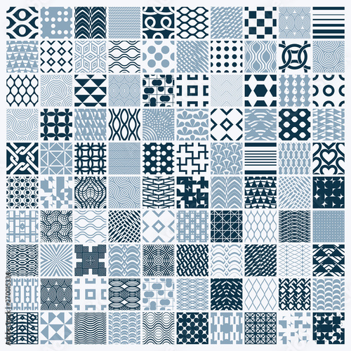 Set of vector endless geometric patterns composed with different figures like rhombuses, squares and circles. Graphic ornamental tiles made in black and white colors.