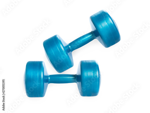 Flat lay view of blue fitness dumbbells isolated on white background. Clipping path included.