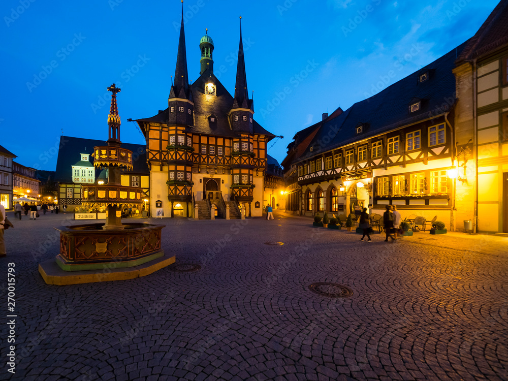 Market square and town hall at dusk, old town, half-timbered houses, Wernigerode, Harz, Saxony-Anhalt, Germany, Europe