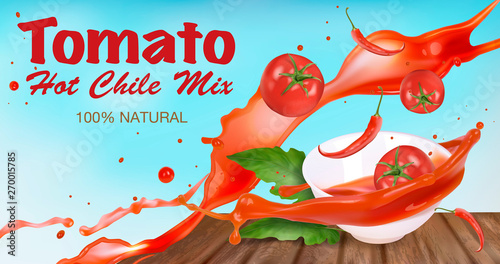 Tomato sauce with hot peppers in a white bowl with splashes. Label design idea. Vector realistic illustration.