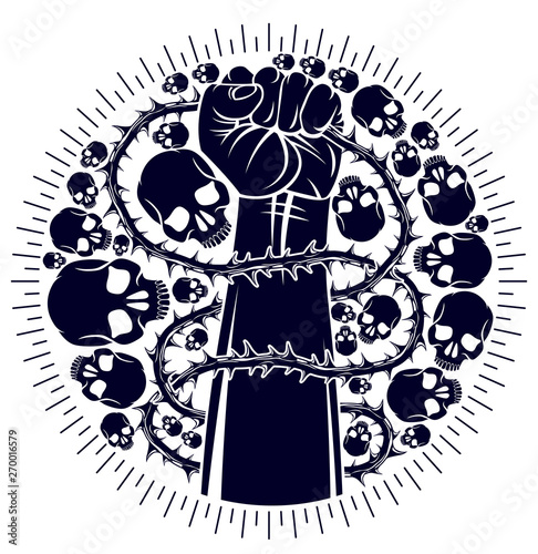 Strong hand clenched fist fighting for freedom against blackthorn thorn slavery theme illustration, vector logo or tattoo, through the thorns to the stars concept.