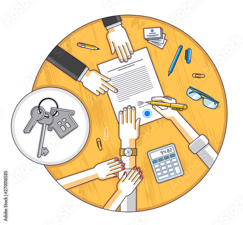 Husband signs bank mortgage hypothec for real property house buying and his wife helps him to dare to make a decision and employee explains terms of loan, top view people hands and paper. Vector.