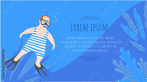 Snorkeling banner temlate. Swimming in sea or ocean masked and snorkel. Scuba diving