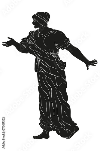 An ancient Greek woman in a tunic is standing, speaking and making a gesture. Vector image isolated on white background.