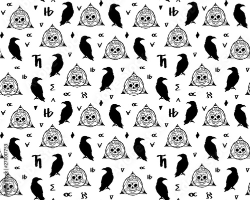 Hipster black and white pattern with skulls and raven vector