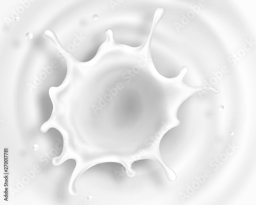 Fresh Milk crown splash in a milk pool. Viewed from the top. With circle ripples. Vector illustration