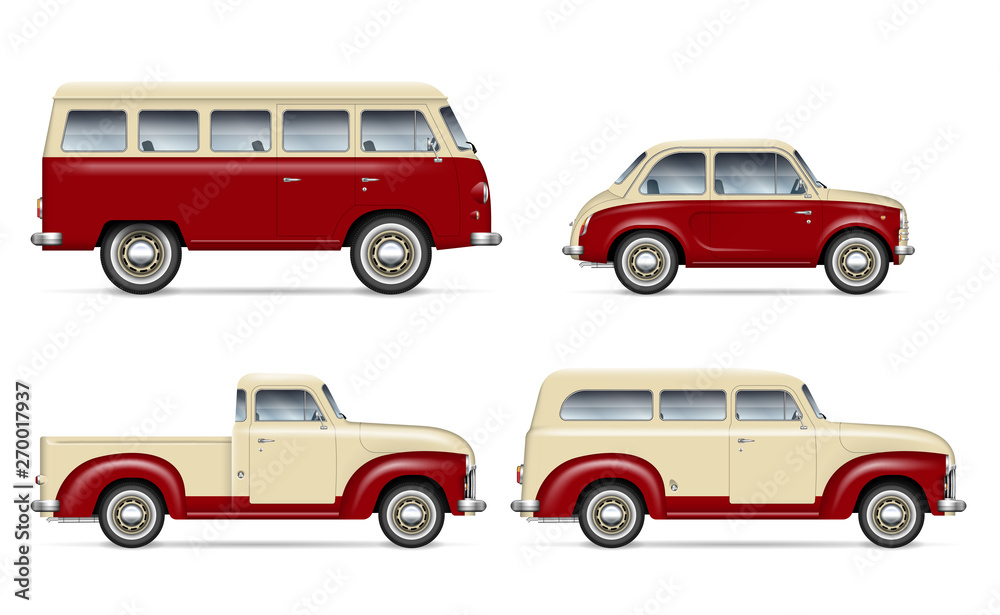 Retro cars vector mockup on white background for vehicle branding, corporate identity with view from right side. All elements in the groups on separate layers for easy editing and recolor.