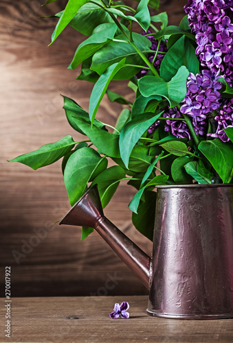 vertical view lilac flowers in vintage watering can on wood photo