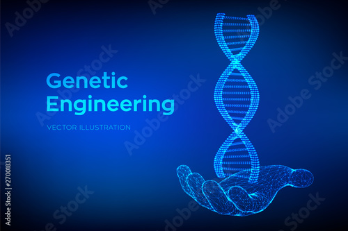 DNA sequence in hand. Wireframe DNA molecules structure mesh. DNA code editable template. Science and Technology concept. Vector illustration.