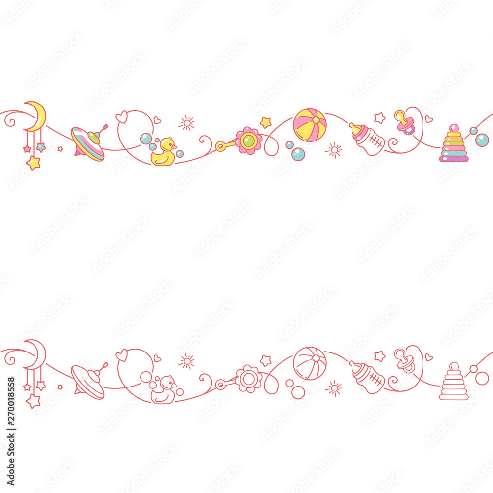 Seamless ornamental border with baby objects and toys.