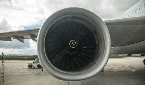 Closeup of an airplane turbine front view. Turbine Airbus 330.