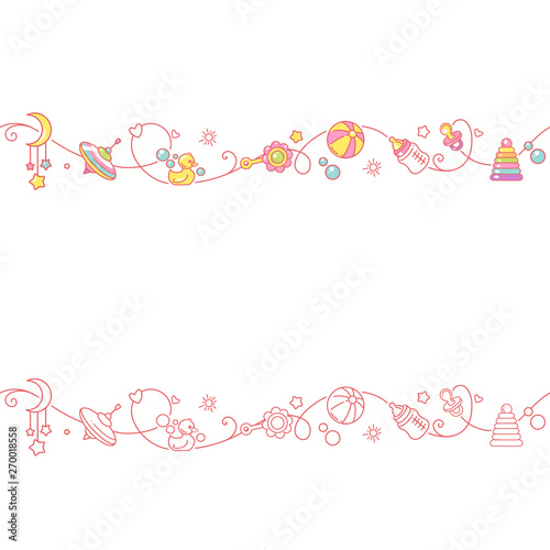 Seamless ornamental border with baby objects and toys.