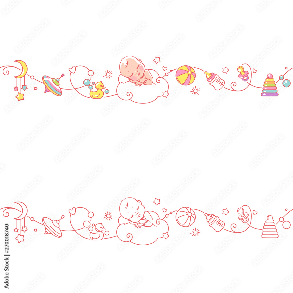 Seamless ornamental border with baby objects and toys.