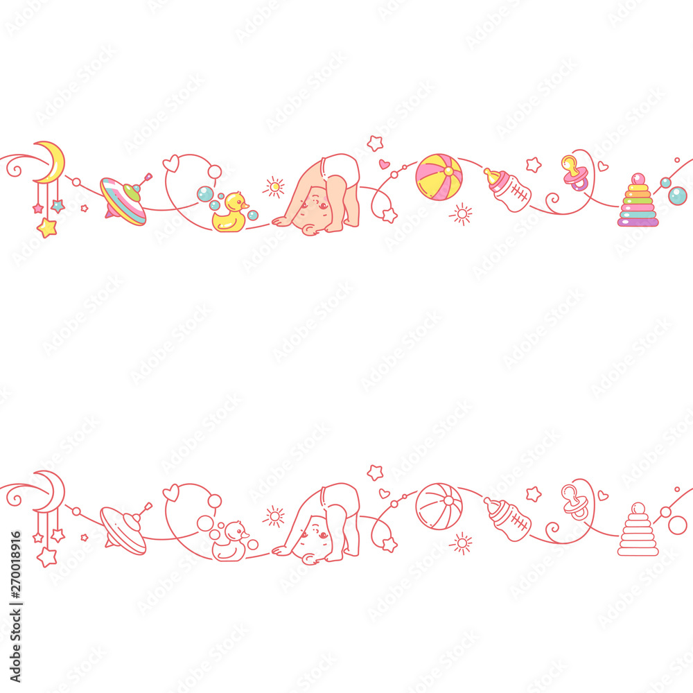 Seamless ornamental border with baby objects and toys. Seamless ornamental border with baby objects and toys.