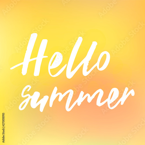 Hello summer handlettering text. Design print for t-shirt, postcard, label, logo, sign, emblem. Vector illustration on background.