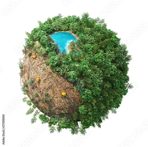 Fototapeta Naklejka Na Ścianę i Meble -  Cutting down of tree. Ecology concept. Stumps in the planet. 3d illustration
