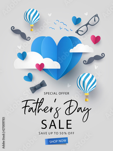 Happy Father's Day Sale background, banner, poster or flyer design with flying origami hearts over clouds with air balloons, paper mustache, glasses and bow tie. Paper art, digital craft style. 