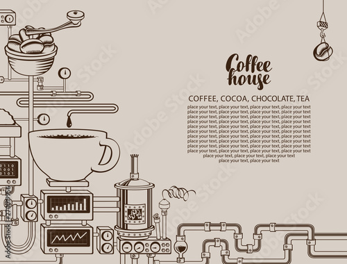 Vector banner on coffee theme with a cup of freshly brewed drink, plant with conveyor coffee production, inscription Coffee House and place for text in retro style. Decorative coffee maker