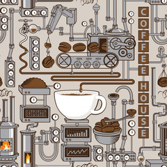 Handdoek met foto Koffie patronen Retro koffieproductie patroon met fabriek  © paseven