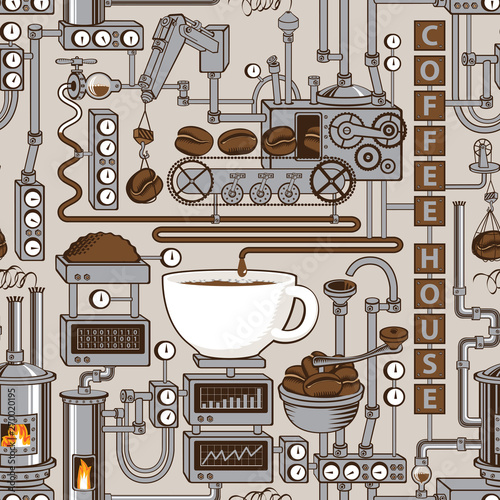 Vector seamless pattern on coffee theme with a cup of freshly brewed coffee, plant with conveyor coffee production in retro style and with words Coffee house.