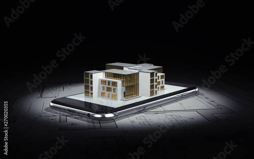 Fototapeta Naklejka Na Ścianę i Meble -  building. Architect plans, on which the smartphone lies and the layout of the house, is isolated on a black background. 3d illustration