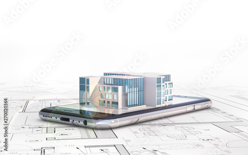 Fototapeta Naklejka Na Ścianę i Meble -  building. Architect plans, on which the smartphone lies and the layout of the house. 3d illustration