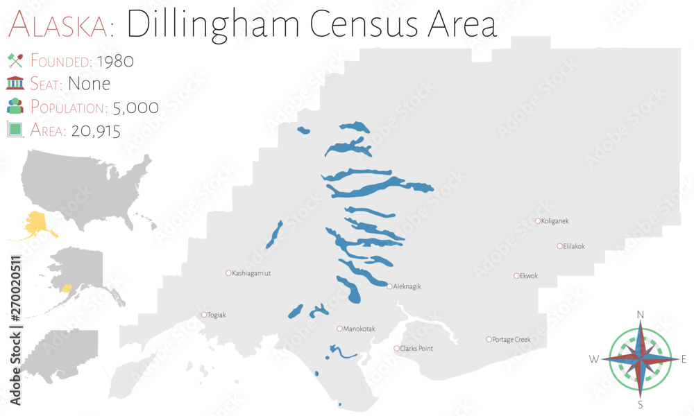 Obraz premium Large and detailed map of Dillingham Census Area in Alaska, USA