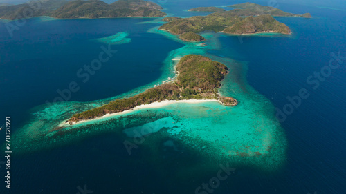 aerial view tropical island with sand white beach, palm trees. Malcapuya, Philippines, Palawan. Tropical landscape with blue lagoon, coral reef