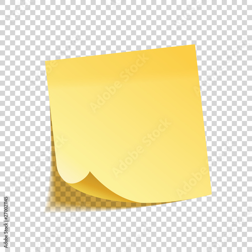 Realistic sticky note with shadow. Yellow paper. Message on notepaper. Reminder. Vector illustration.