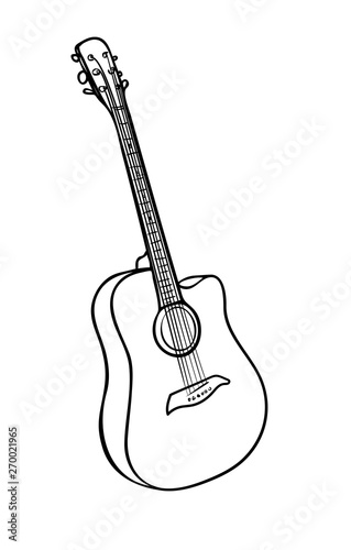 Vector illustration, isolated acoustic guitar in black and white colors, outline hand painted drawing
