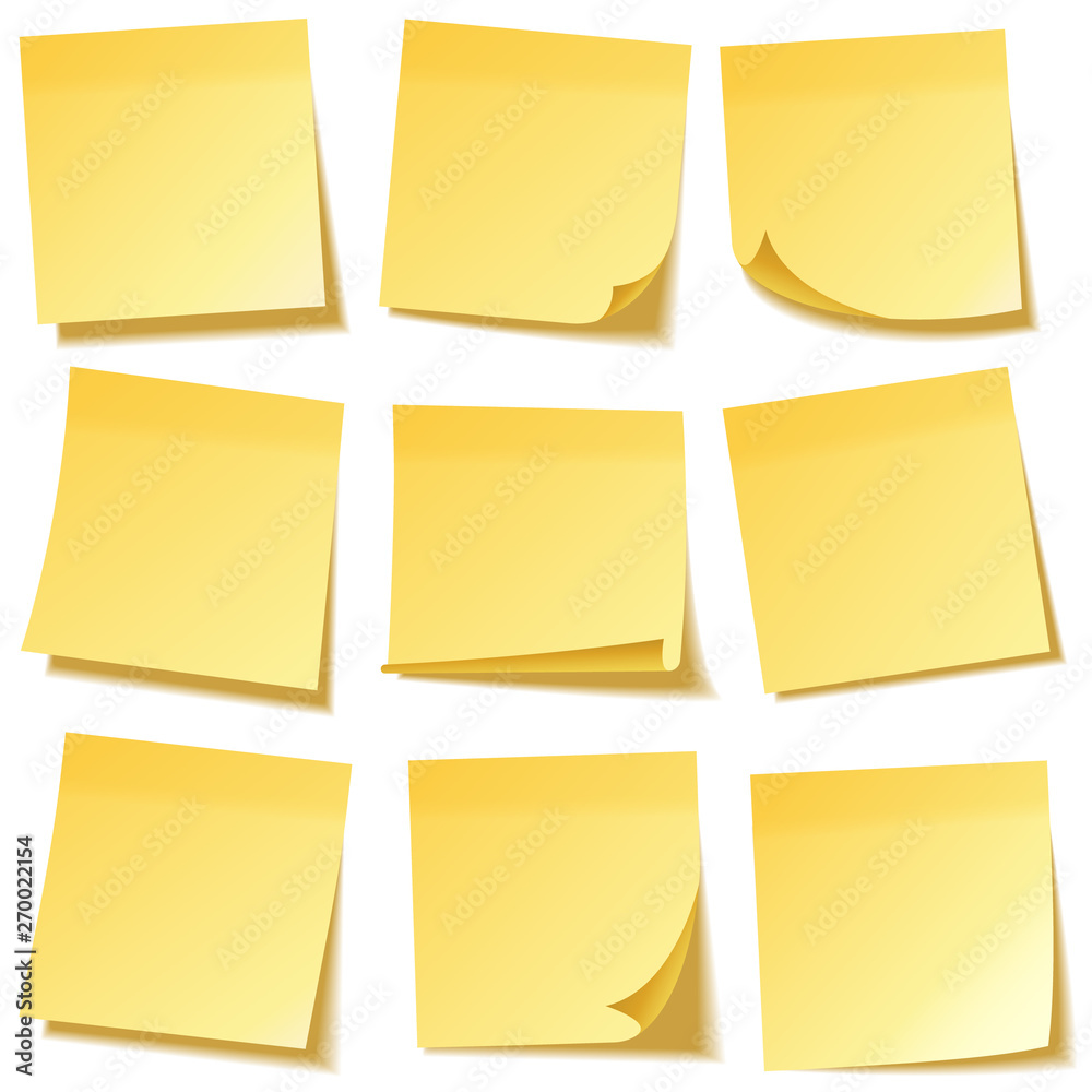 Realistic sticky note with shadow. Yellow paper set. Message on notepaper. Reminder. Vector illustration. Realistic sticky note with shadow. Yellow paper set. Message on notepaper. Reminder. Vector illustration.