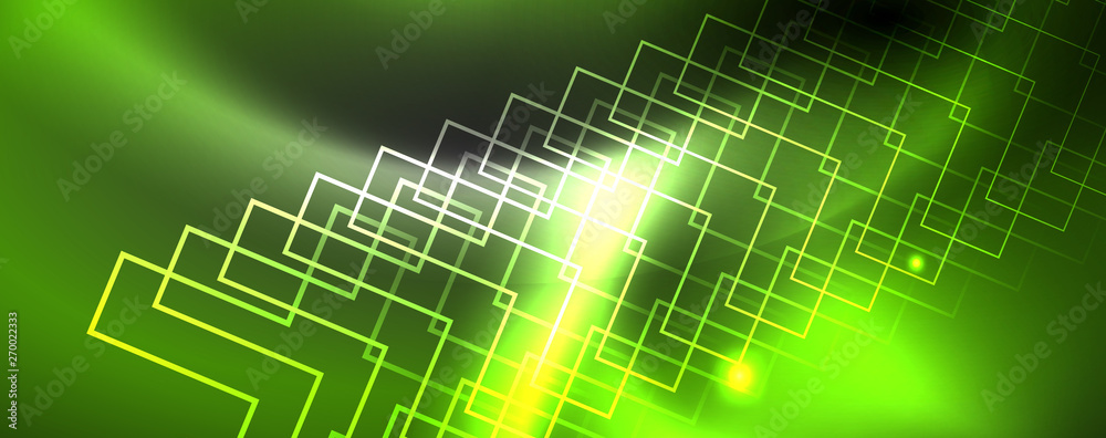 Shiny neon techno template. Neon lines background, 80s style laser rays