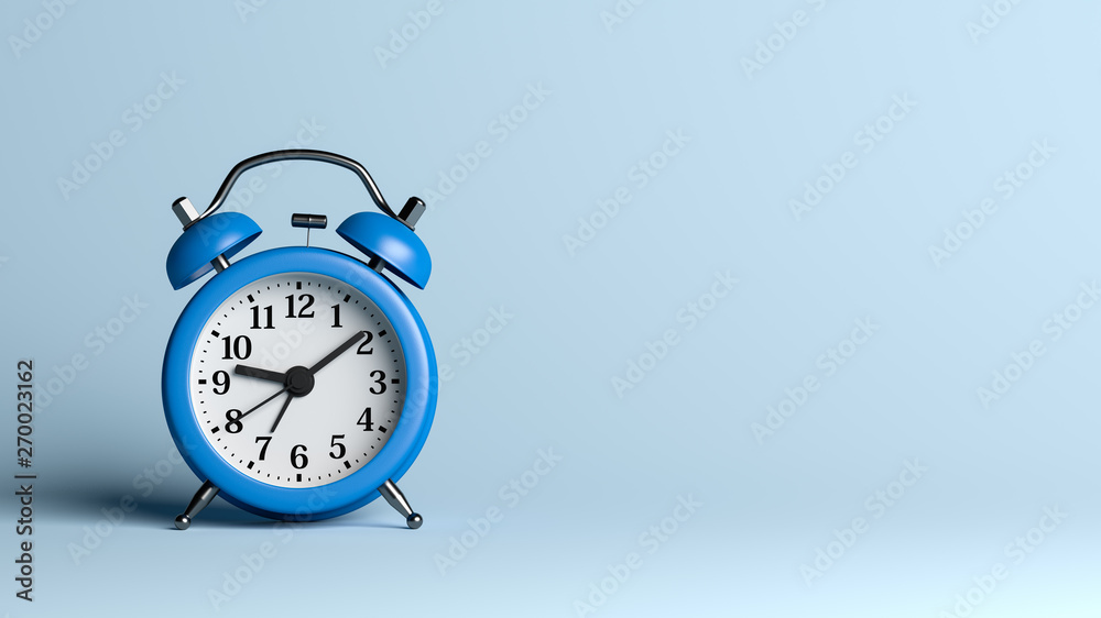 Blue Alarm Clock on Blue Background Blue Alarm Clock on Blue Background