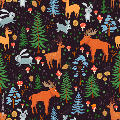 A deer forest Seamless Pattern. Woodland animals