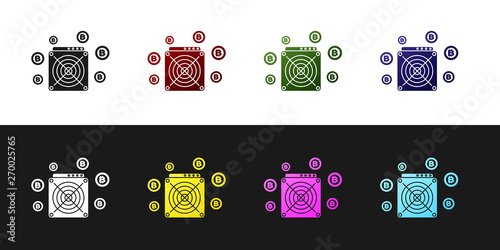 Set ASIC Miner icon isolated on black and white background. Cryptocurrency mining equipment and hardware. Application specific integrated circuit. Vector Illustration